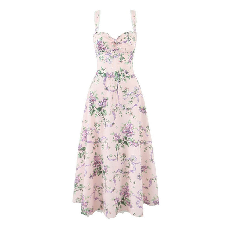 Breezy Ruched Bow Tie Lace Trim Sleeveless Fit Flare Floral Midi Sundress