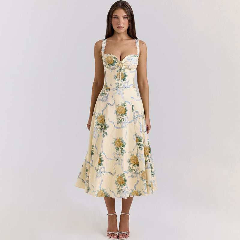 Breezy Ruched Bow Tie Lace Trim Sleeveless Fit Flare Floral Midi Sundress