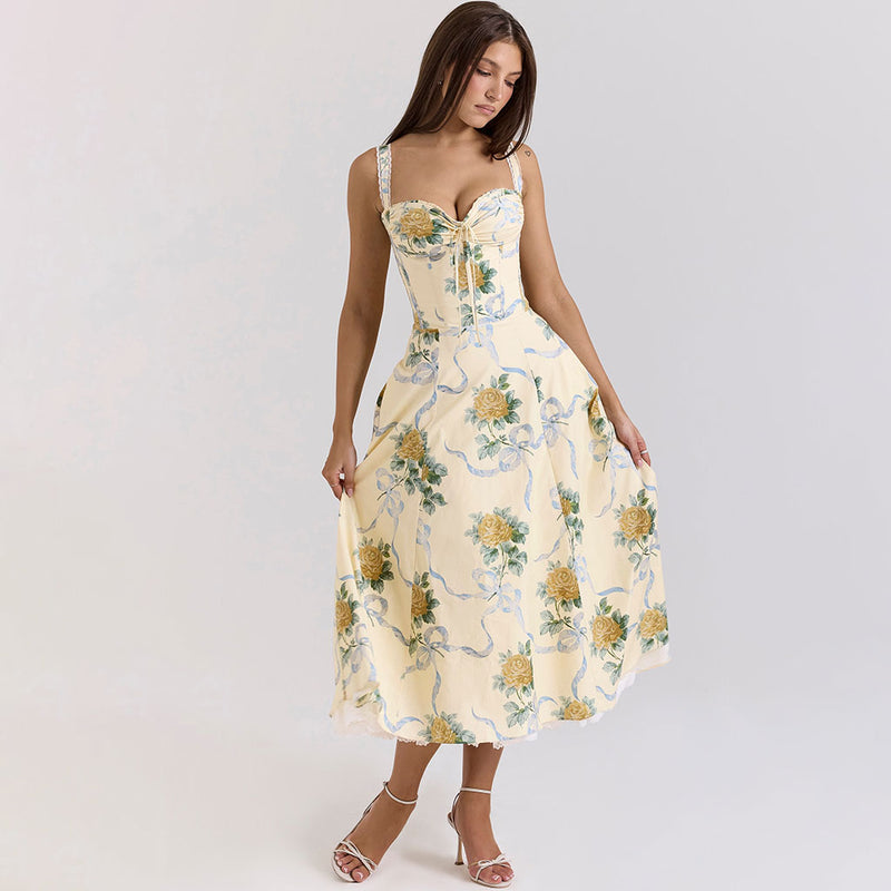 Breezy Ruched Bow Tie Lace Trim Sleeveless Fit Flare Floral Midi Sundress