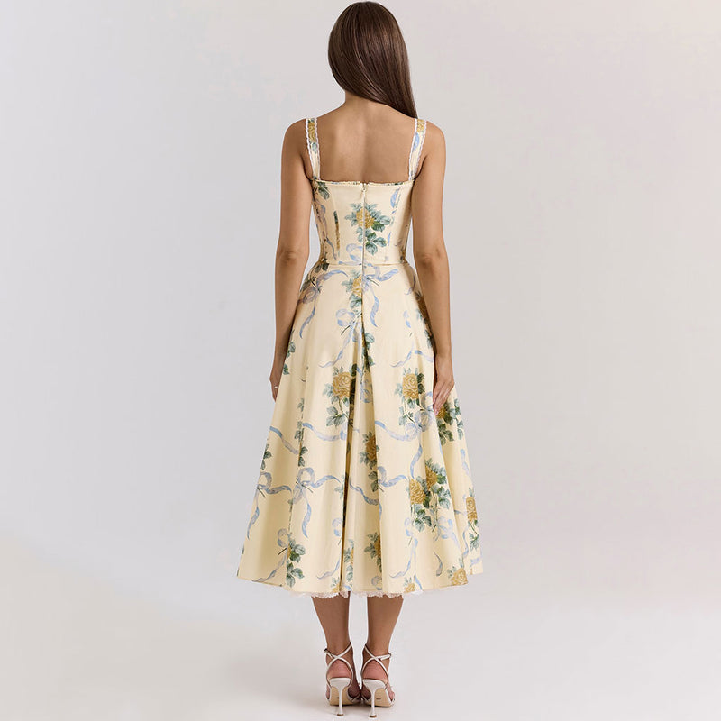 Breezy Ruched Bow Tie Lace Trim Sleeveless Fit Flare Floral Midi Sundress