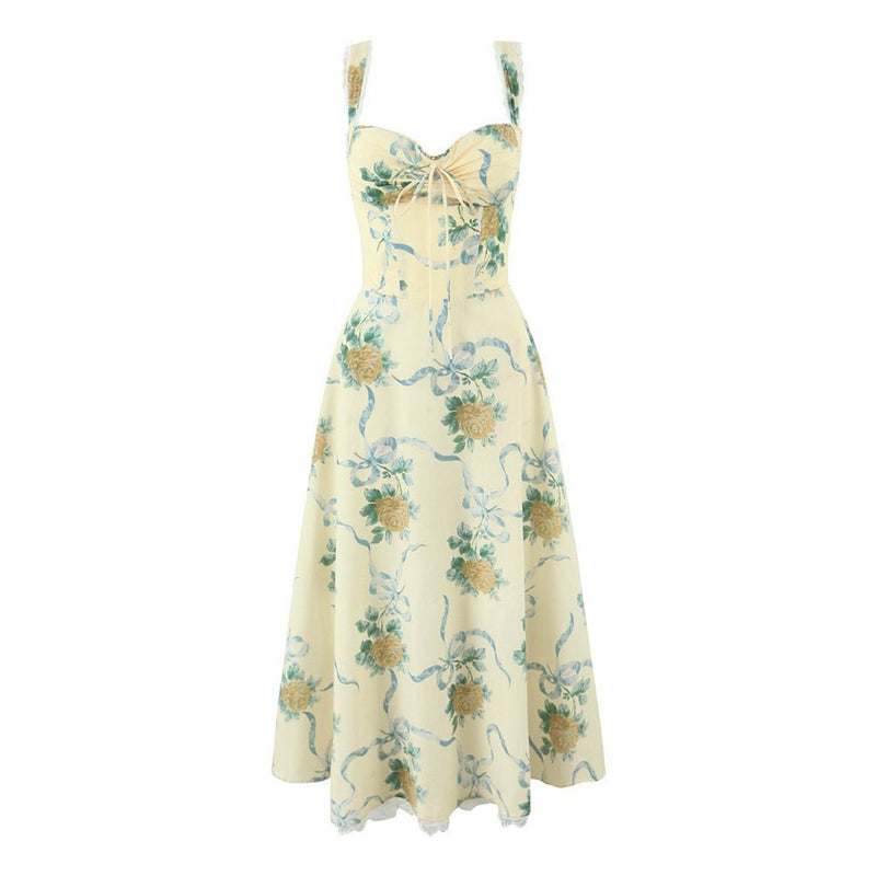 Breezy Ruched Bow Tie Lace Trim Sleeveless Fit Flare Floral Midi Sundress