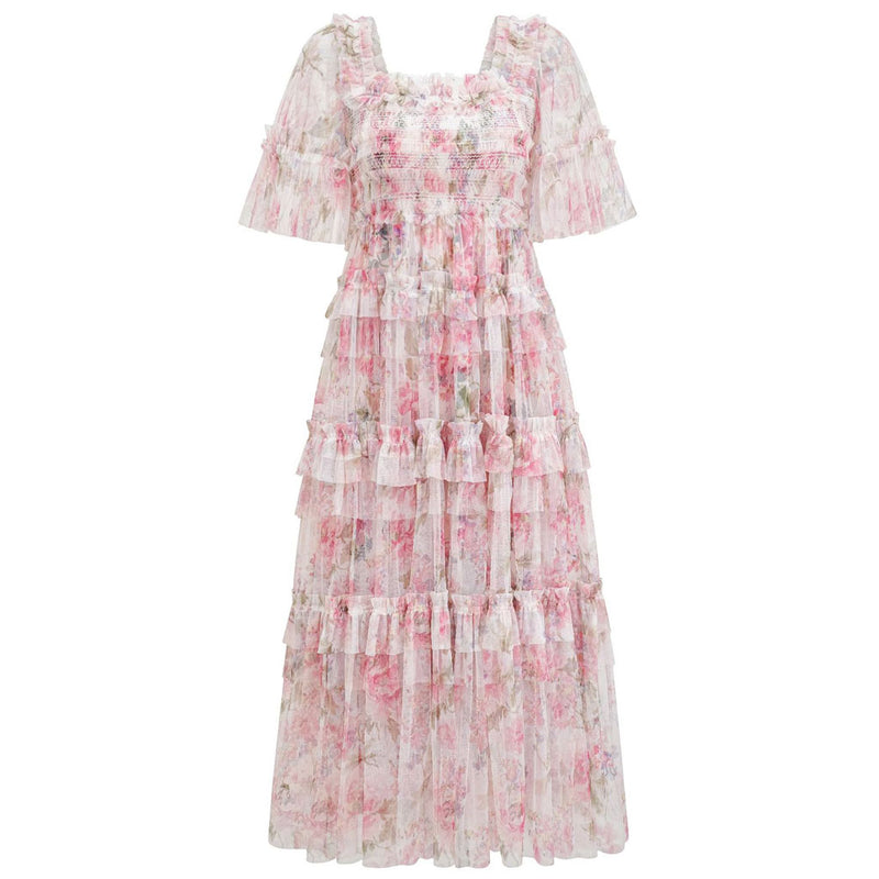 Breezy Short Sleeve A Line Summer Smocked Printed Floral Tulle Ruffle Maxi Dress