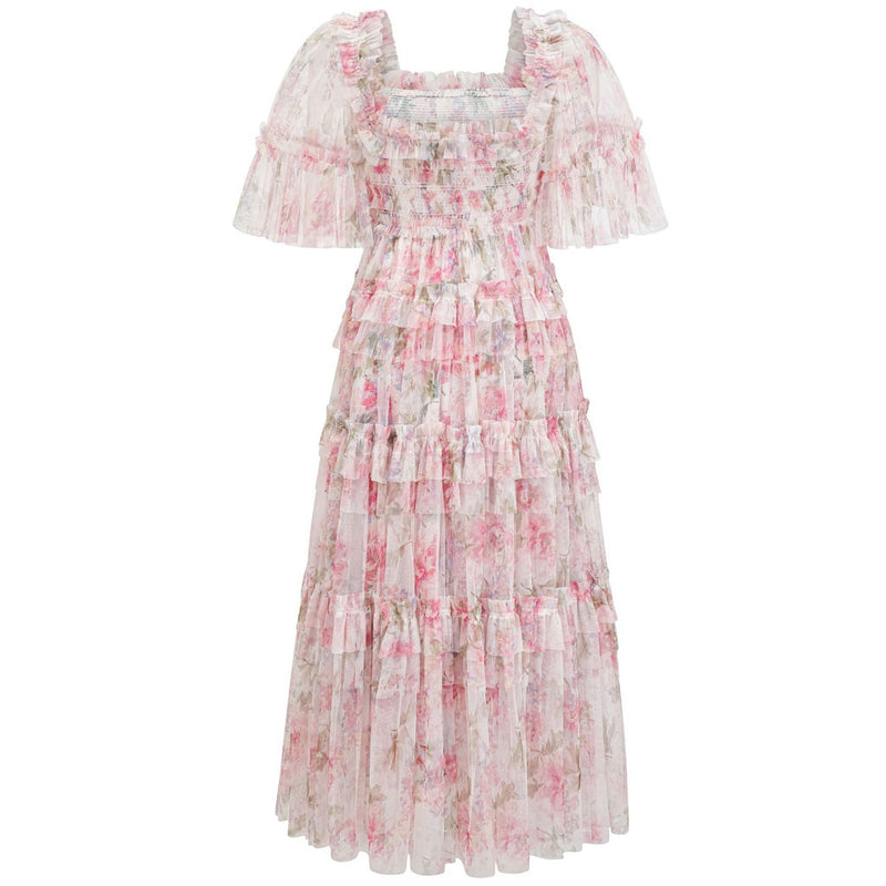 Breezy Short Sleeve A Line Summer Smocked Printed Floral Tulle Ruffle Maxi Dress