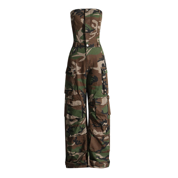 Camouflage Print Button Front Cargo Pocket Strapless Wide Leg Denim Jumpsuit