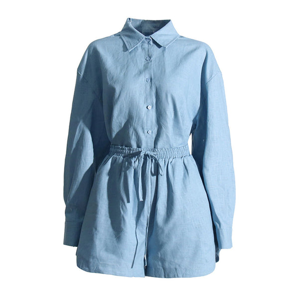 Casual Collared Button Up Oversized Blouse High Waist Short Matching Set