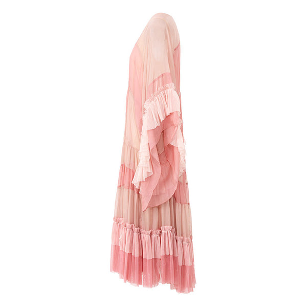 Casual V Neck Bishop Sleeve Color Panel Babydoll Maxi Tiered Ruffle Dress