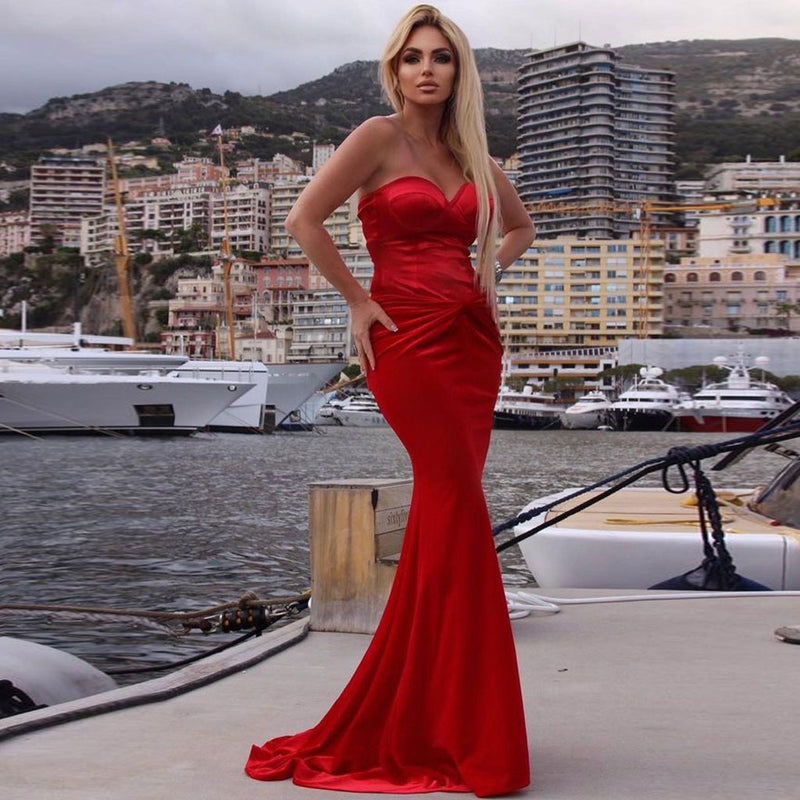 Celebrity Satin Tube Top and Knot Front Maxi Mermaid Skirt Matching Set