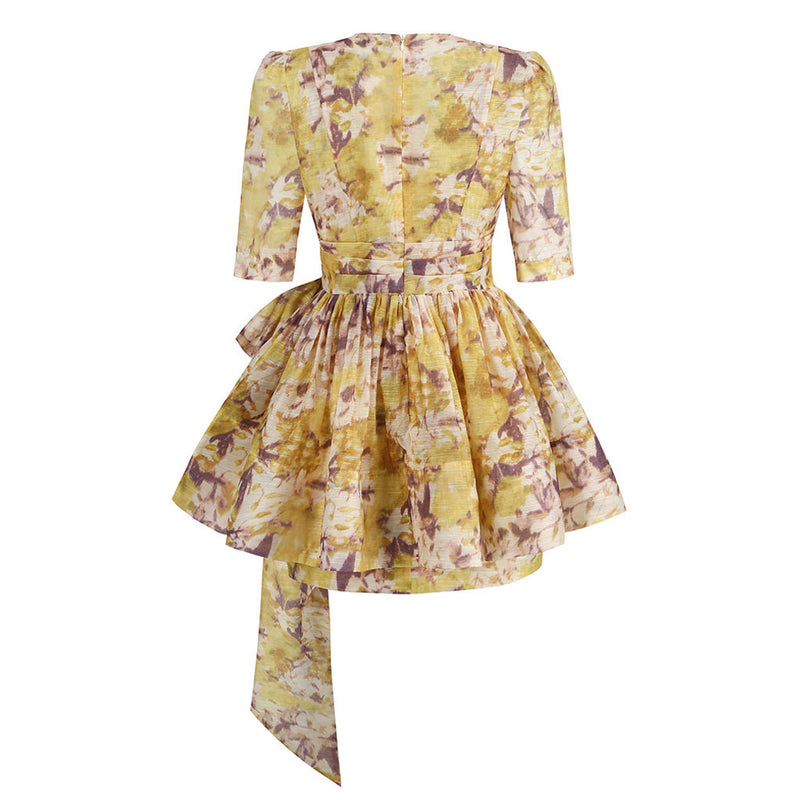 Charming Deep V Neck Puff Sleeve Bow Tie Peplum Linen Mini Floral Printed Dress