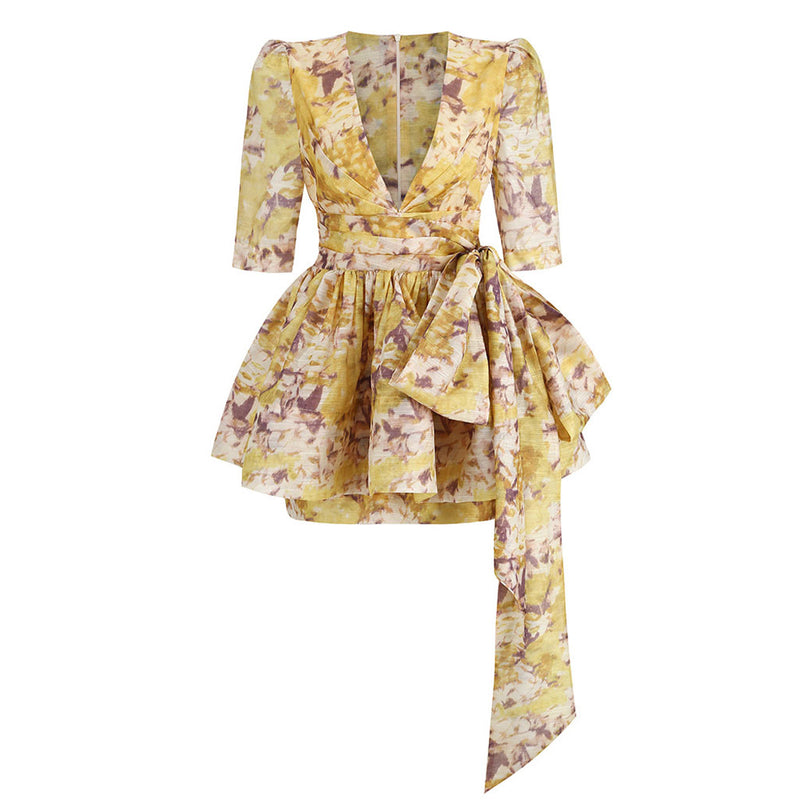 Charming Deep V Neck Puff Sleeve Bow Tie Peplum Linen Mini Floral Printed Dress