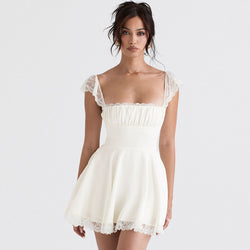 Charming Lace Trim Lace Up Ruched Square Neck Fit and Flare Mini Sundress