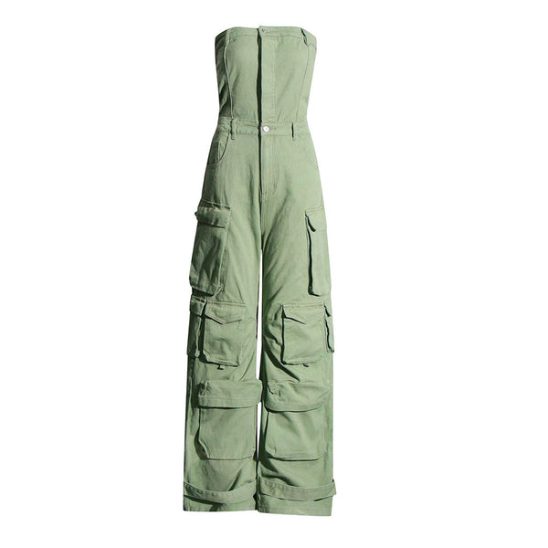 Chic Button Front Cargo Pocket Strapless Wide Leg Denim Jumpsuit