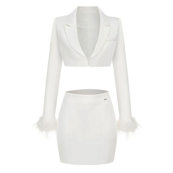 Chic Faux Feather Trim Lapel Collar Open Front Cropped Blazer Matching Set