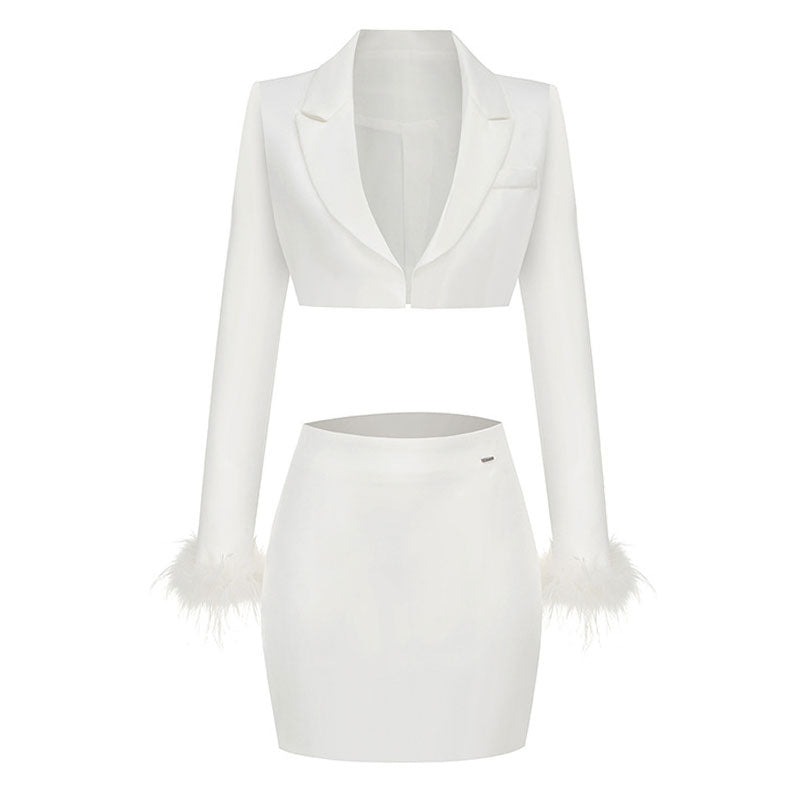 Chic Faux Feather Trim Lapel Collar Open Front Cropped Blazer Matching Set