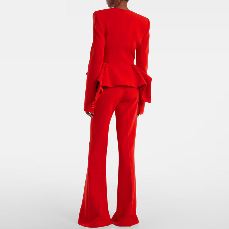 Chic Flare Leg Pant Collarless Double Breasted Ruffle Blazer Matching Set