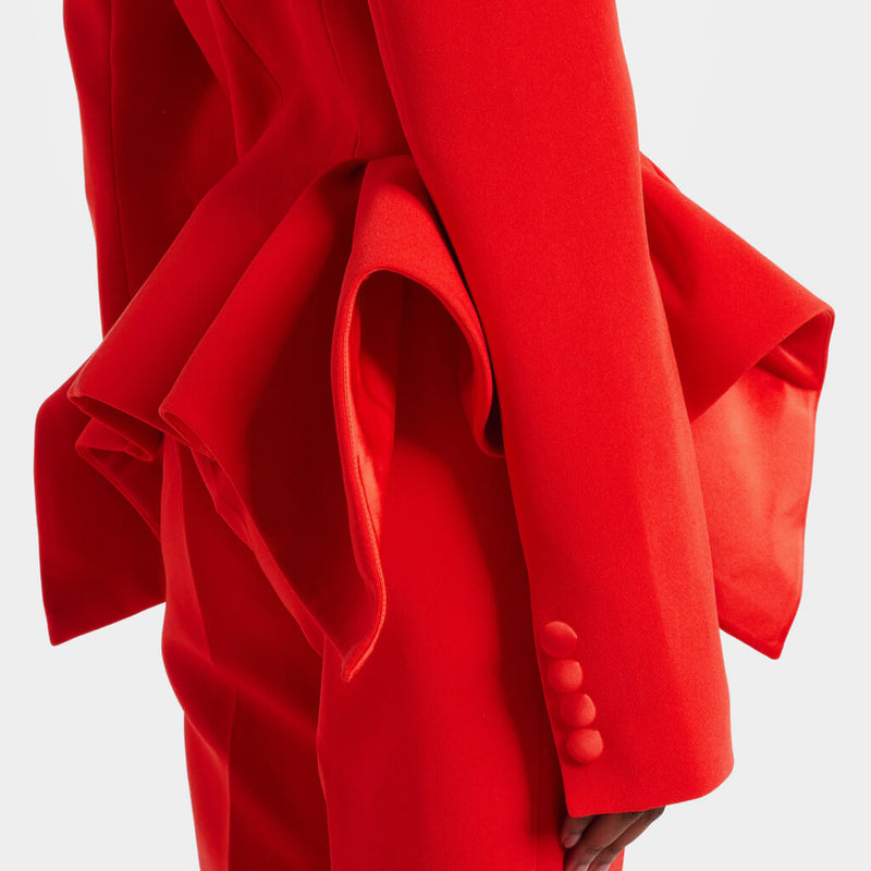 Chic Flare Leg Pant Collarless Double Breasted Ruffle Blazer Matching Set