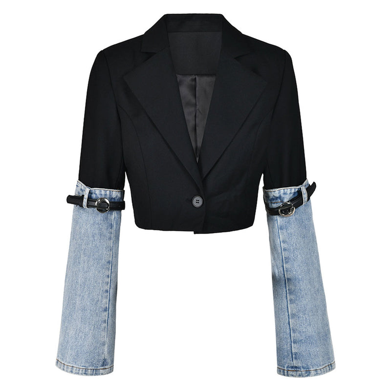 Chic Lapel Collar Belted Long Sleeve Single Breasted Cropped Hybrid Denim Blazer