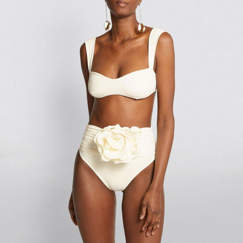 Chic Rosette Applique Ruched Moderate High Waist Sweetheart Bralette Bikini Set