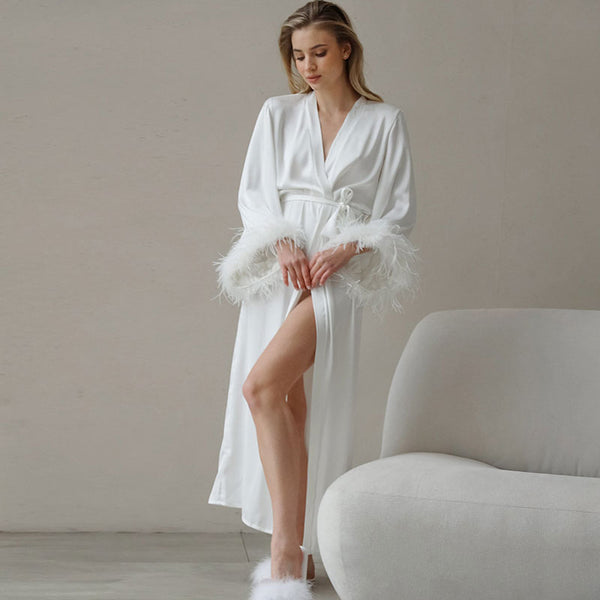 Chic Silky Satin Wrap Tie Feather Long Sleeve Swan Cover Up Maxi Rope
