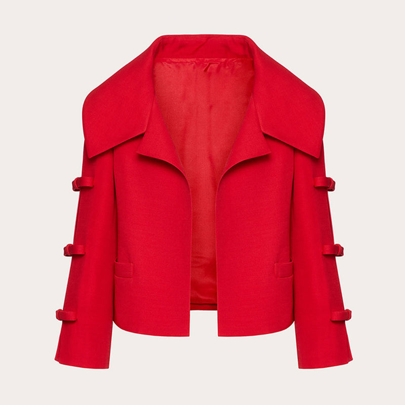 Chic Spread Collar Bow Accent Split 3/4 Sleeve Open Front Crop Jacket