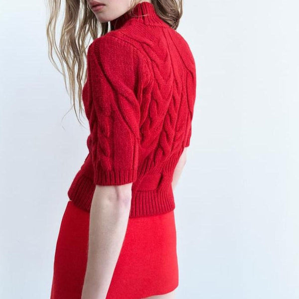 Classic High Neck Half Sleeve Belted Chunky Cable Knit Pullover Sweater