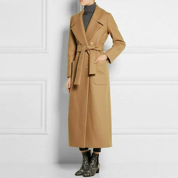 Classic Notched Lapel Double Breasted Belted Cargo Pocket Wool Blend Coat