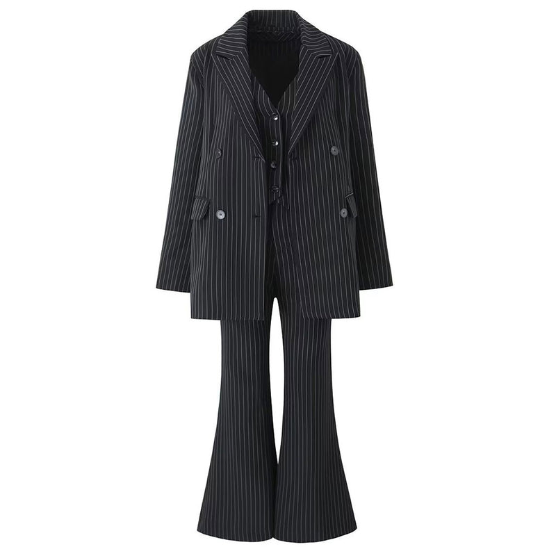 Classic Peak Lapel Double Breasted Long Sleeve Oversized Pinstripe Blazer