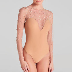 Classy Beaded Embellished Mesh Crew Neck Moderate Long Sleeve Bodysuit