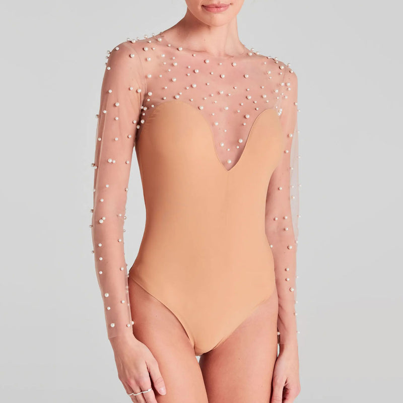 Classy Beaded Embellished Mesh Crew Neck Moderate Long Sleeve Bodysuit