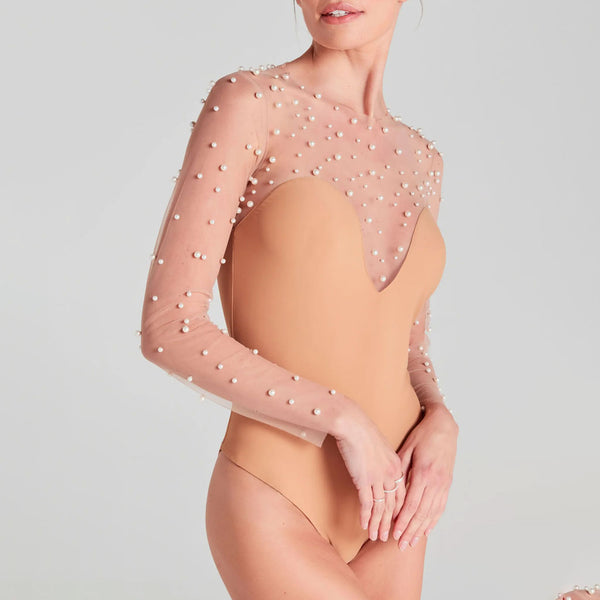 Classy Beaded Embellished Mesh Crew Neck Moderate Long Sleeve Bodysuit