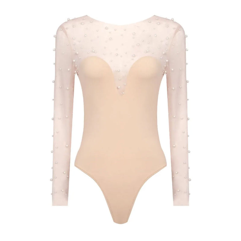 Classy Beaded Embellished Mesh Crew Neck Moderate Long Sleeve Bodysuit