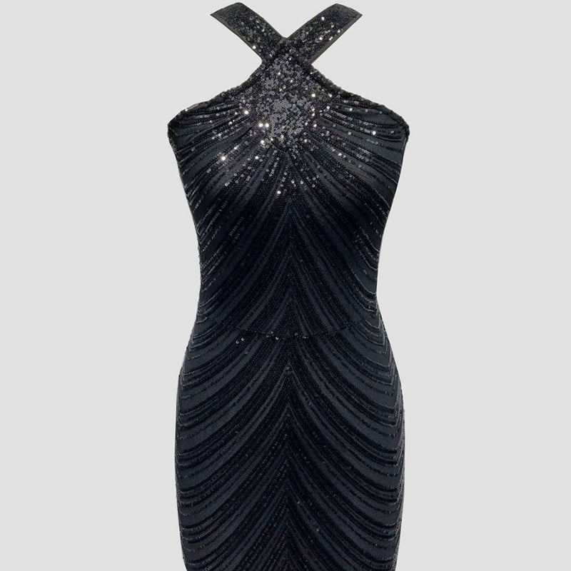 Classy Front Slit Semi Sheer Sequin Mermaid Maxi Dress - Black