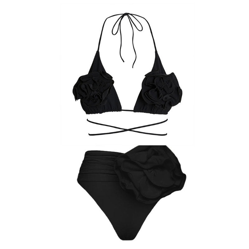 Classy Rosette Applique Ruched Moderate High Waist Wrap Around Triangle Bikini Set