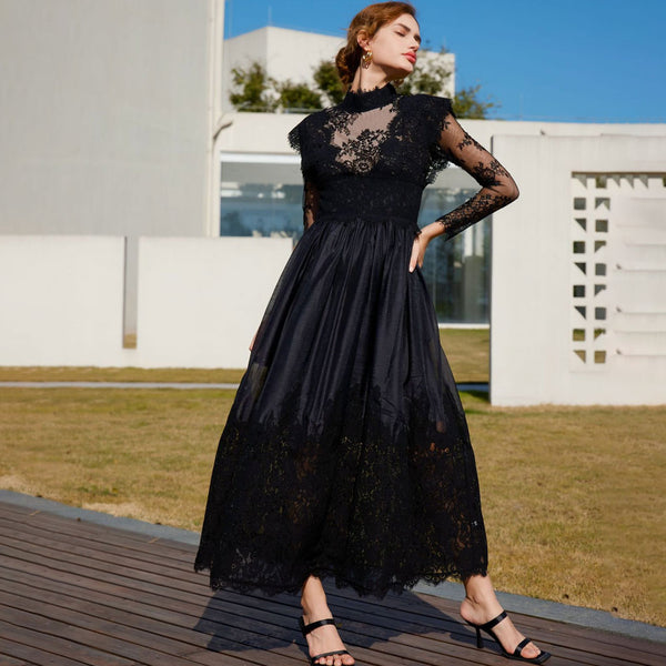 Classy Sheer Floral Lace Mock Neck Long Sleeve A Line Gown Maxi Dress