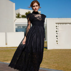 Classy Sheer Floral Lace Mock Neck Long Sleeve A Line Gown Maxi Dress