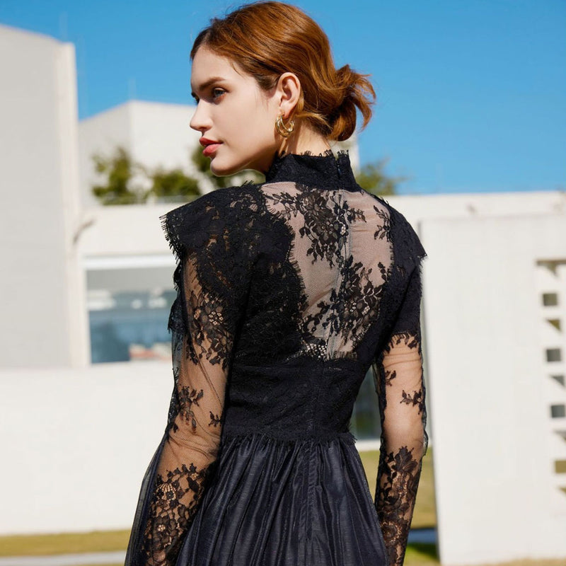 Classy Sheer Floral Lace Mock Neck Long Sleeve A Line Gown Maxi Dress