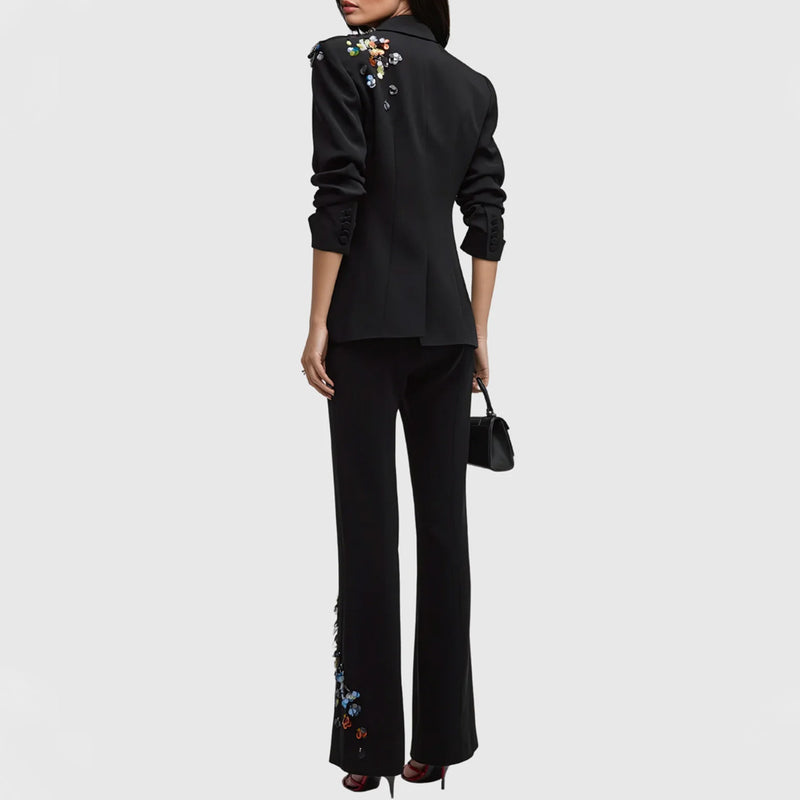 Colorful Sequin Floral One Button Tailored Blazer Straight Leg Pants Matching Set