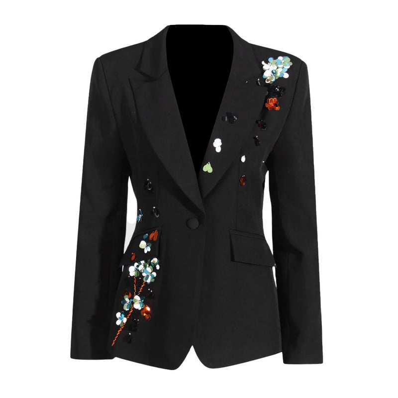 Colorful Sequin Floral One Button Tailored Blazer Straight Leg Pants Matching Set
