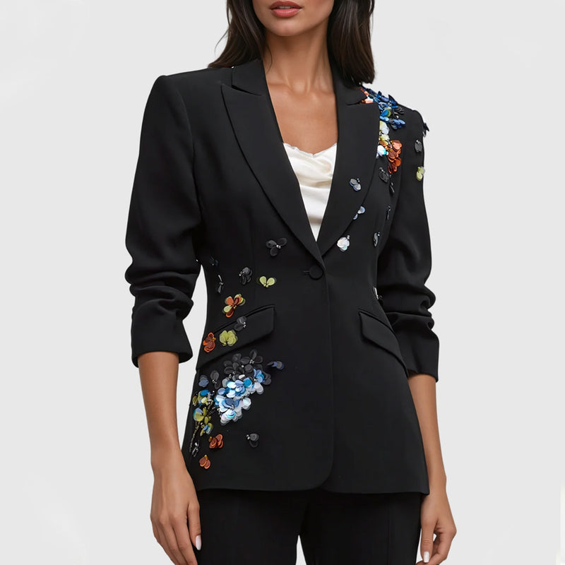 Colorful Sequin Floral One Button Tailored Blazer Straight Leg Pants Matching Set