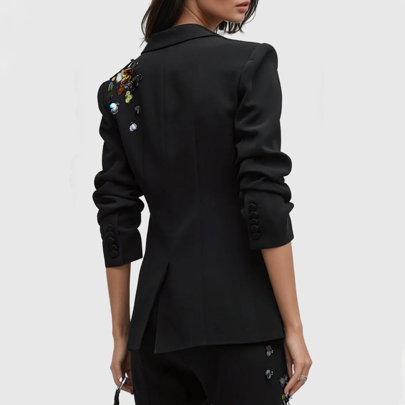 Colorful Sequin Floral One Button Tailored Blazer Straight Leg Pants Matching Set