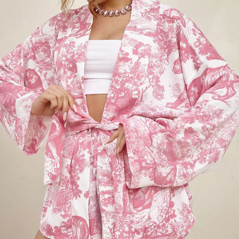 Comfortable Jungle Print Long Sleeve Belted Wrap Shorts Lounge Robe Set