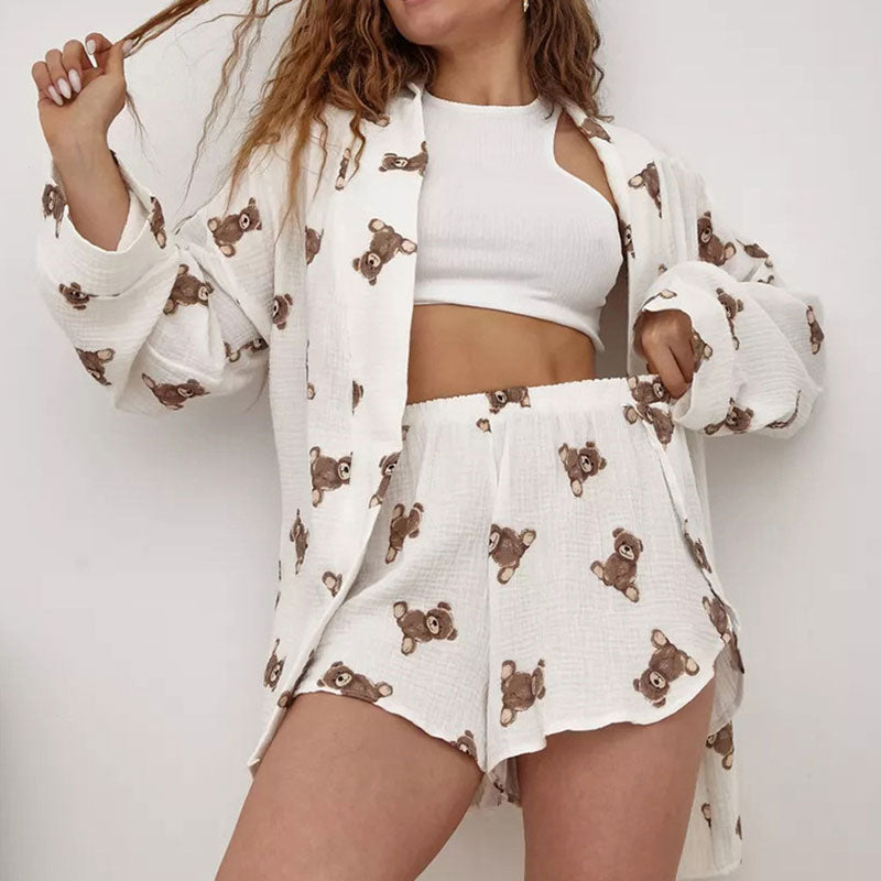 Comfy Bear Print Long Sleeve High Waist Shorts Cotton Gauze Lounge Robe Set