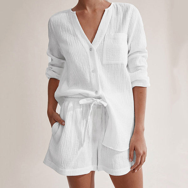 Comfy Long Sleeve V Neck Button Up High Rise Shorts Cotton Gauze Lounge Set