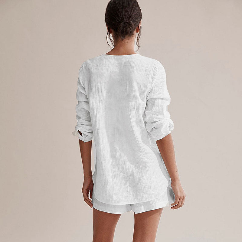 Comfy Long Sleeve V Neck Button Up High Rise Shorts Cotton Gauze Lounge Set