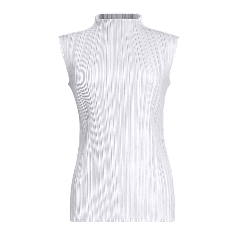 Comfy Solid Color Mock Neck Slim Fit Pleated Sleeveless Top