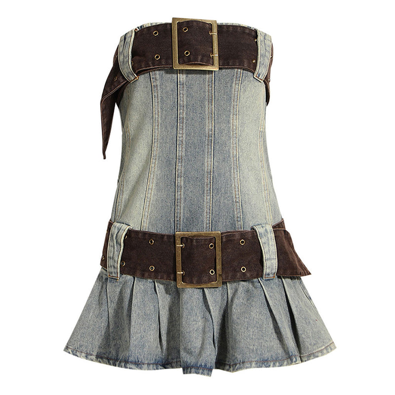 Contrast Belted Strapless Pleated Detail Fitted Mini Denim Dress