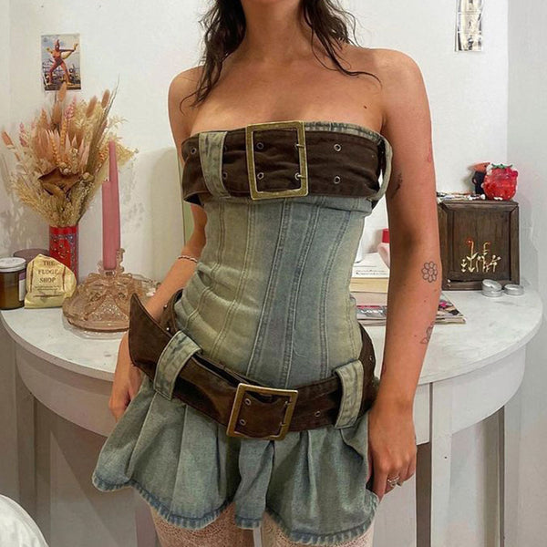 Contrast Belted Strapless Pleated Detail Fitted Mini Denim Dress