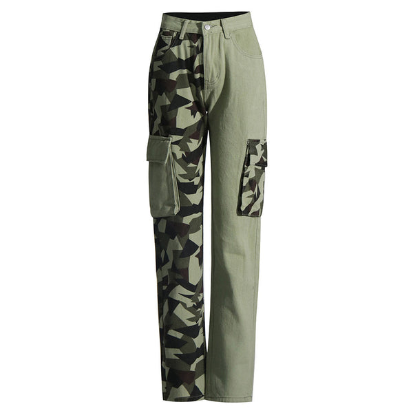 Contrast Camouflage Print High Waist Straight Leg Denim Cargo Jeans