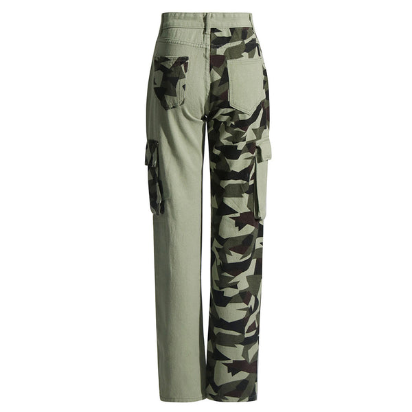 Contrast Camouflage Print High Waist Straight Leg Denim Cargo Jeans