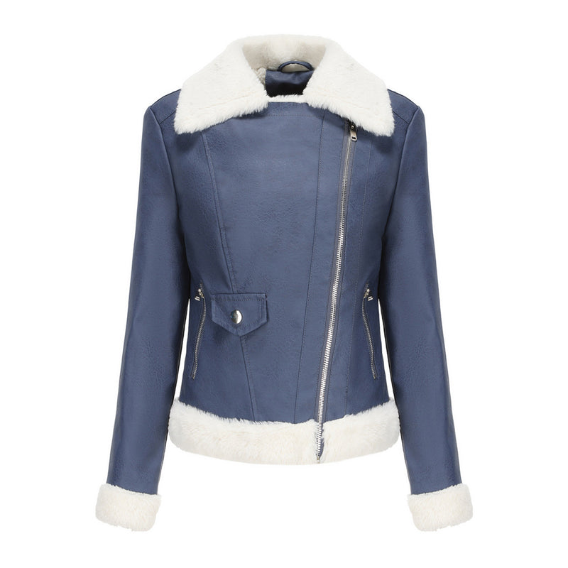 Contrast Faux Fur Lined Collared Long Sleeve Zip Up Vegan Leather Jacket