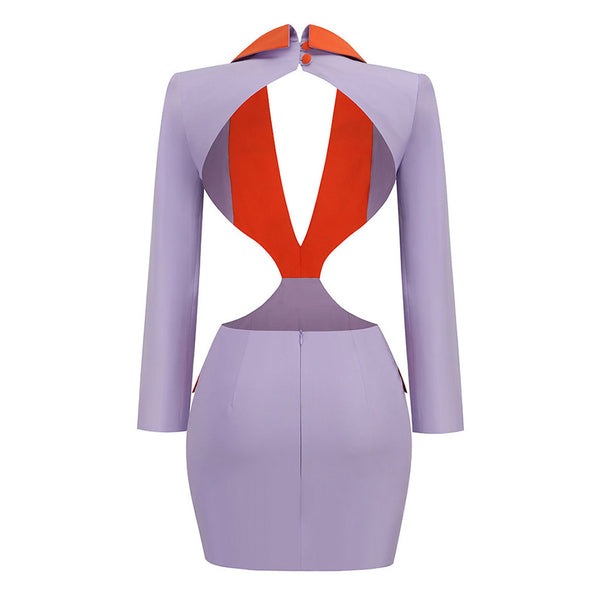 Contrast Lapel Collar Deep V Cut Out Backless Tailored Mini Blazer Dress